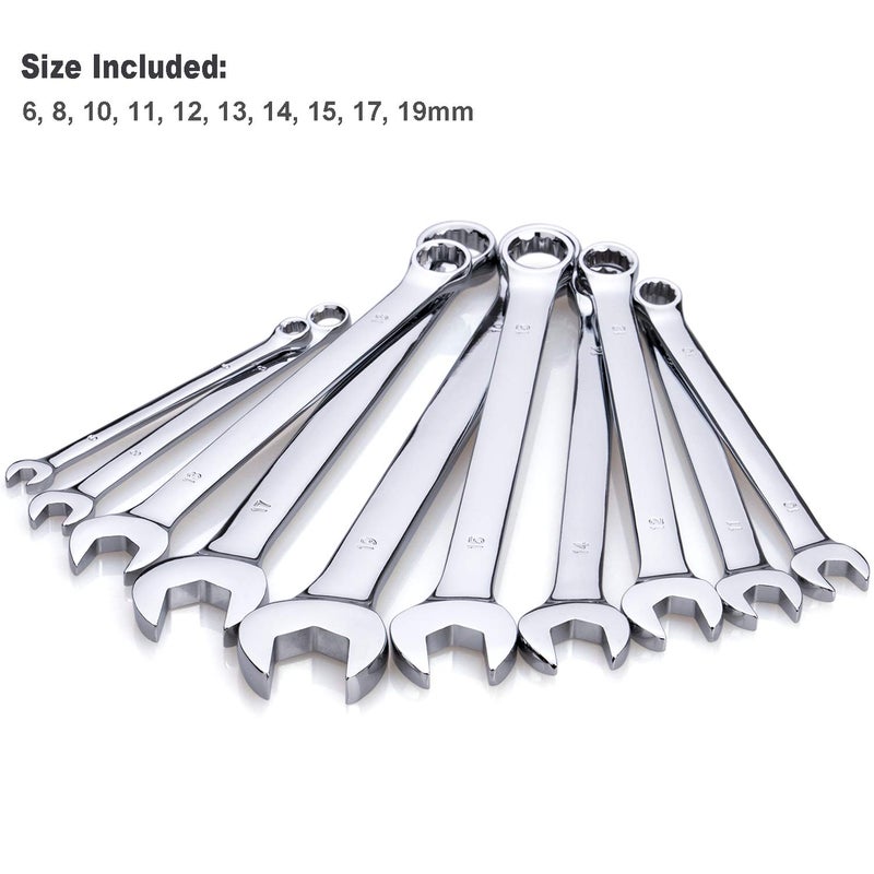 EFFICERE Max Torque 10-Piece Premium Metric Combination Wrench Set, Chrome Vanadium Steel, Long Pattern Design | Include Metric Sizes 6, 8, 10, 11, 12, 13, 14, 15, 17, 19mm with Storage Rack Organizer - Image 2